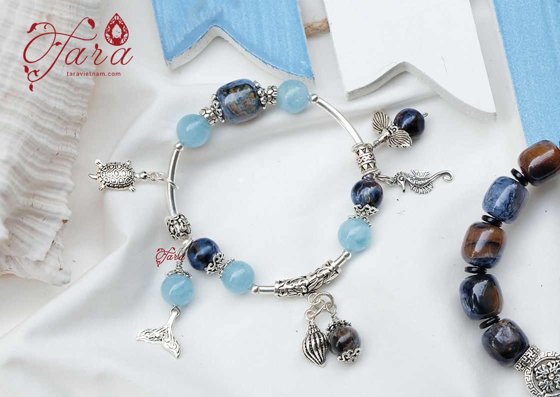 Kiềng Bạc đá Aquamarine mix lu thống đá Mắt Bão và Charm Bạc Thái cao cấp