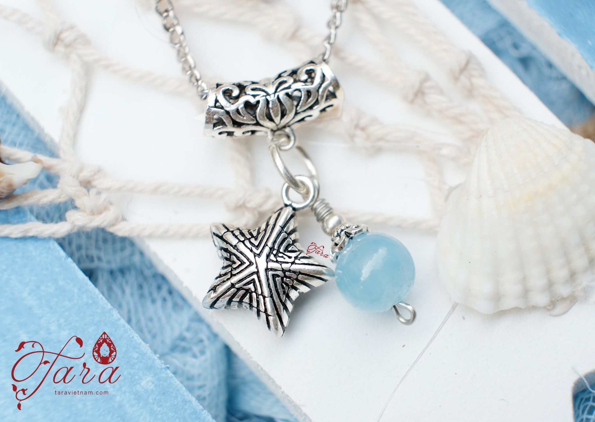 Mặt dây chuyền đá Aquamarine cao cấp và Charm sao biển Bạc Thái 925