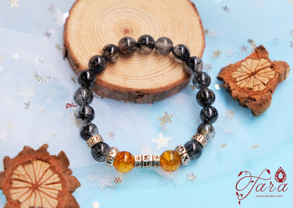 Lắc cho bé - Thạch anh tóc đen mix Hổ phách