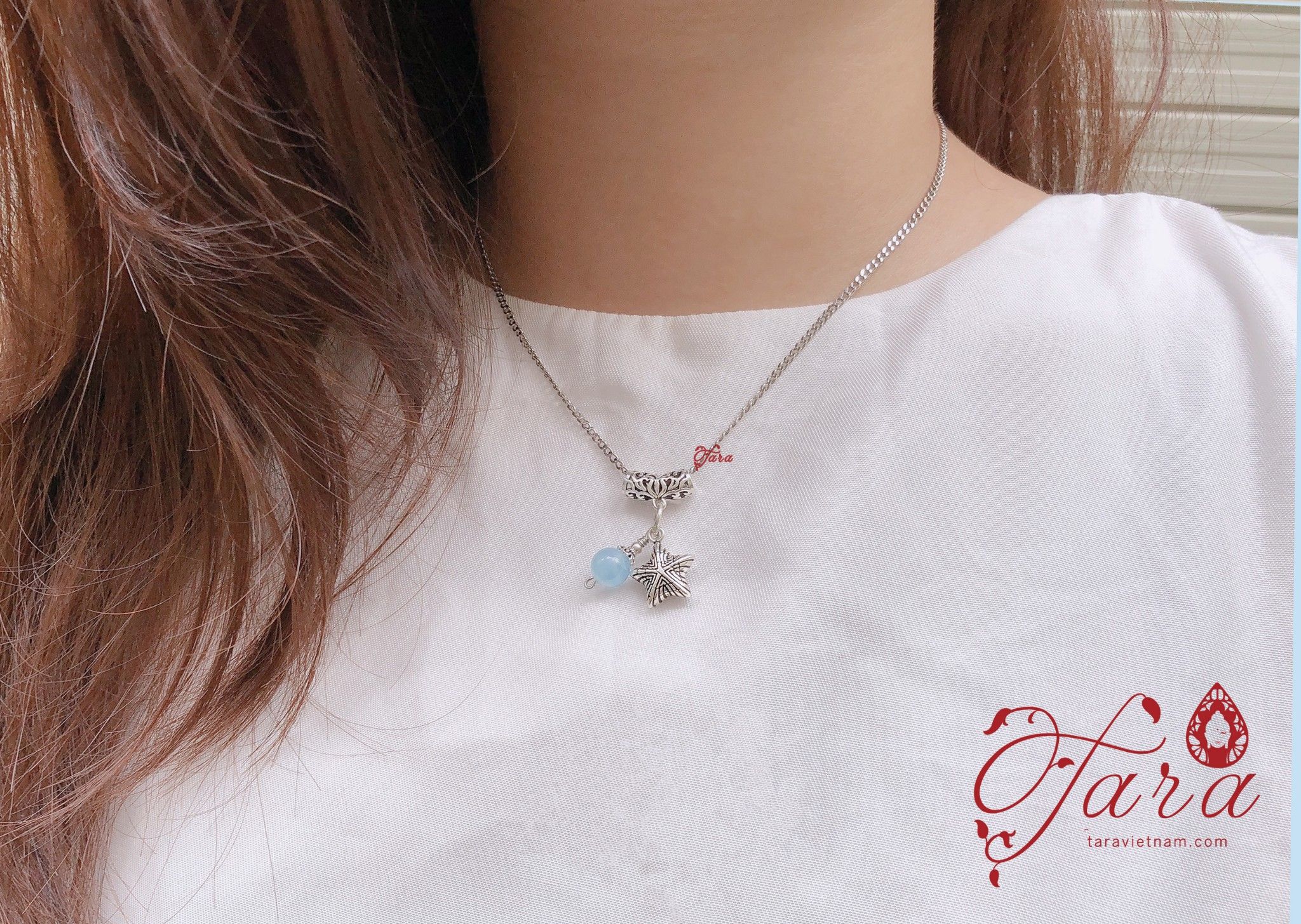 Mặt dây chuyền đá Aquamarine cao cấp và Charm sao biển Bạc Thái 925