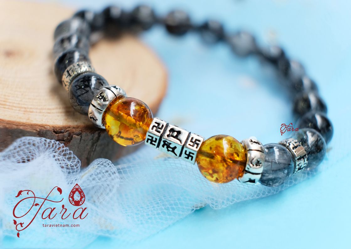 Lắc cho bé - Thạch anh tóc đen mix Hổ phách
