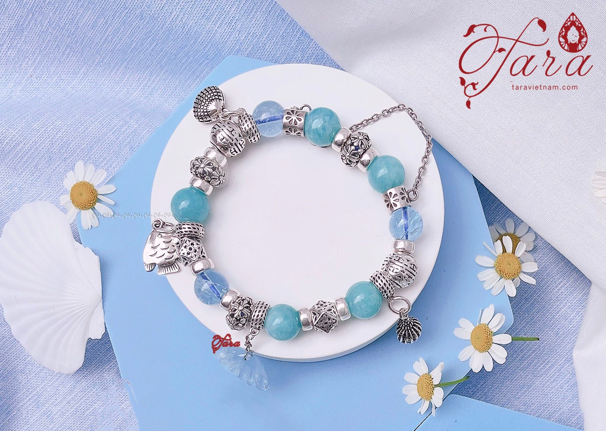 Vòng tay đá Amazonite mix đá Topaz trong trẻo và Charm bạc 925