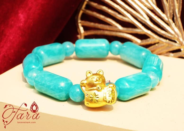  Vòng tay Amazonite mix Charm Mèo Thần Tài đáng yêu Vàng 24K 