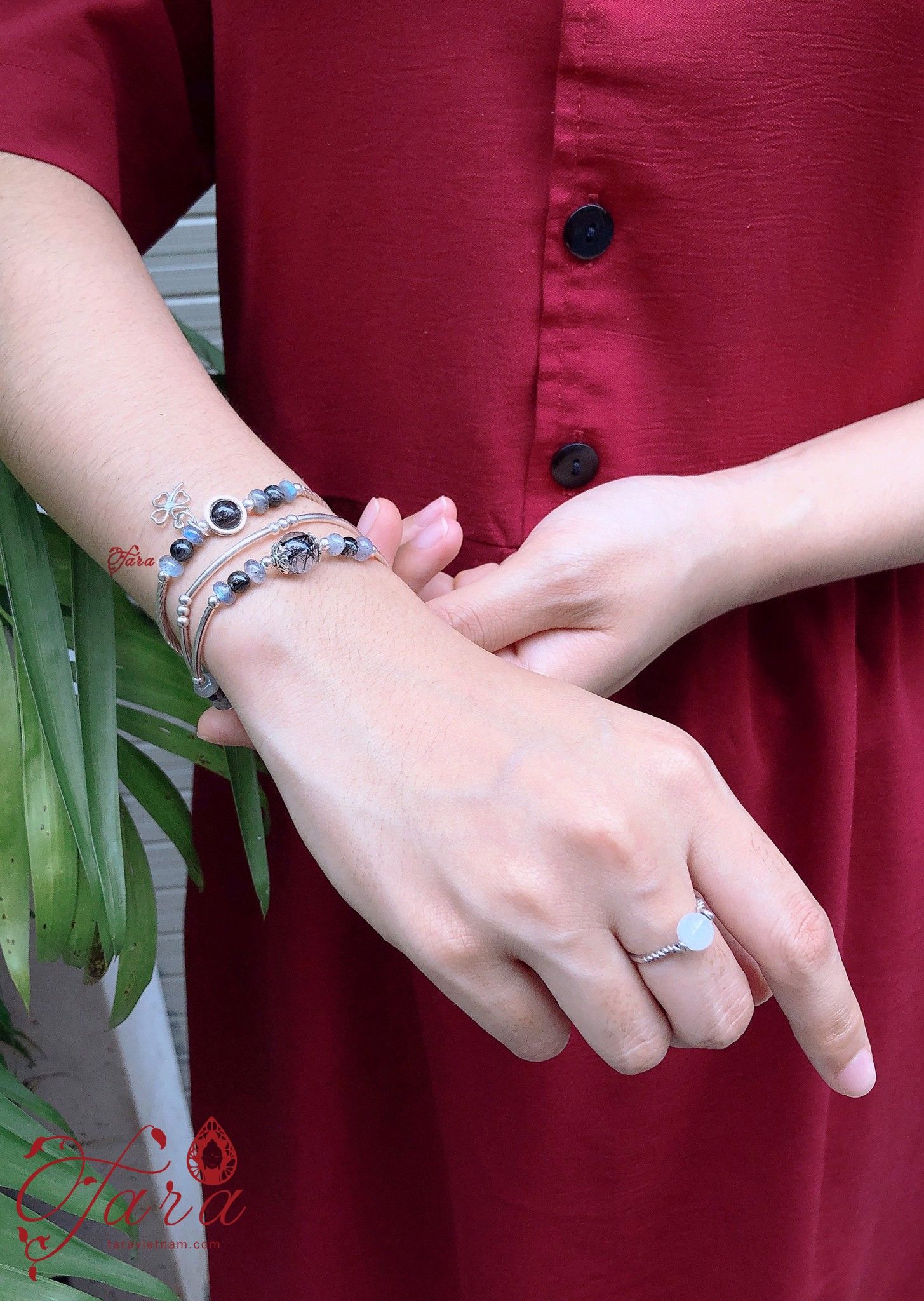 Lắc Labradorite mix Thạch anh tóc đen đơn giản