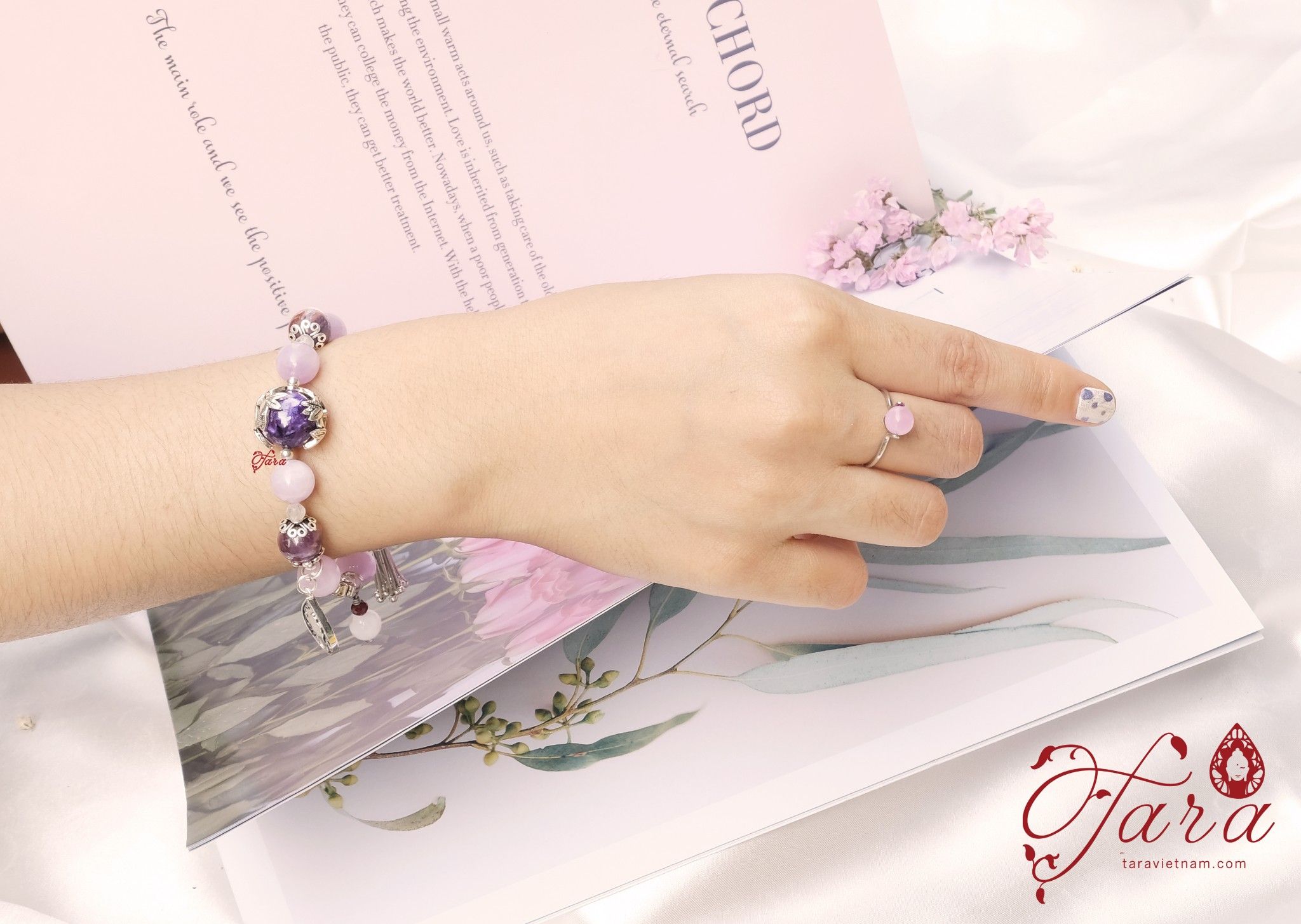 Vòng tay đá Kunzite mix Charoite và Bạc 925 cao cấp
