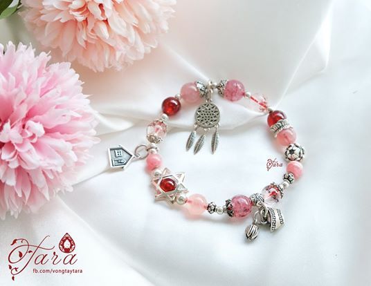Vòng tay Garnet mix Thạch anh dâu hồng và Charm Bạc 925