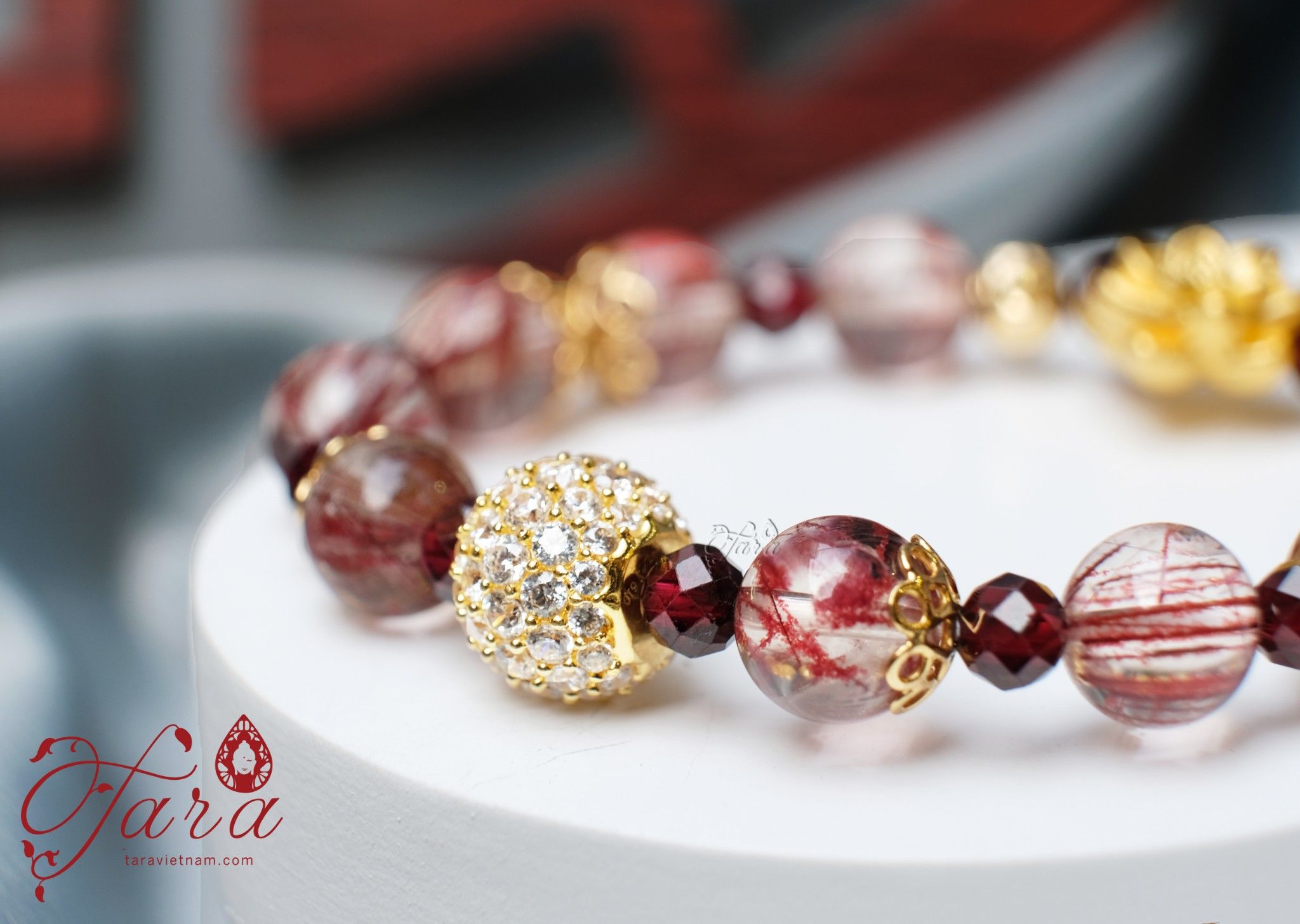  Charm vàng 24k tài lộc mix Thạch anh tóc đỏ và Garnet 