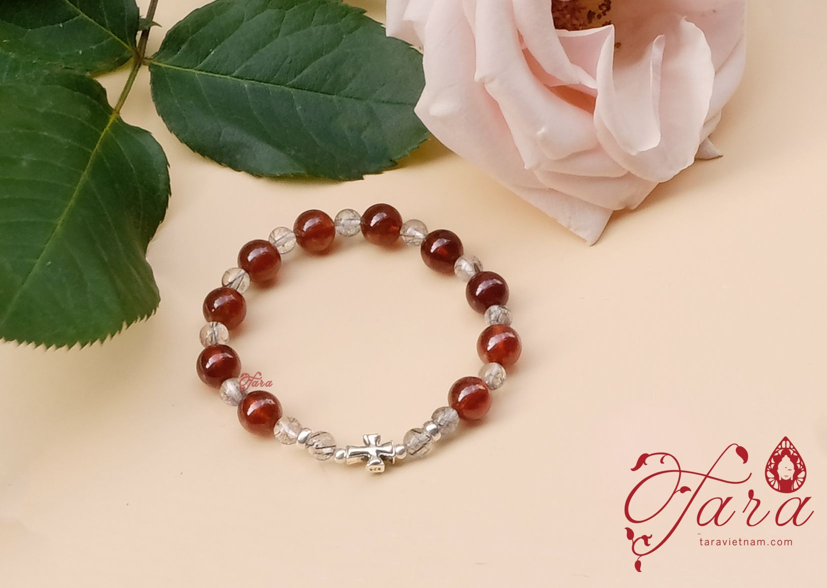 Chuỗi Mân Côi Ngọc Hồng Lựu mix Tóc Đen Sang Trọng