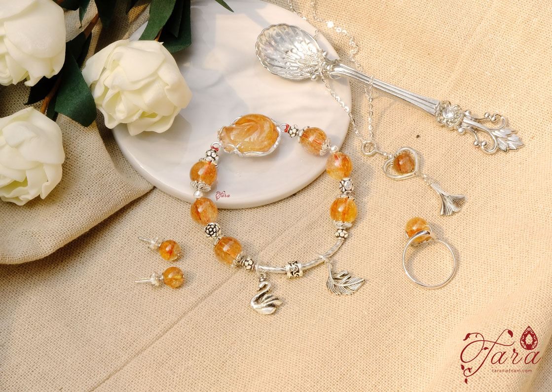 Bộ trang sức Thạch anh tóc đỏ phối Bạc 925 cao cấp