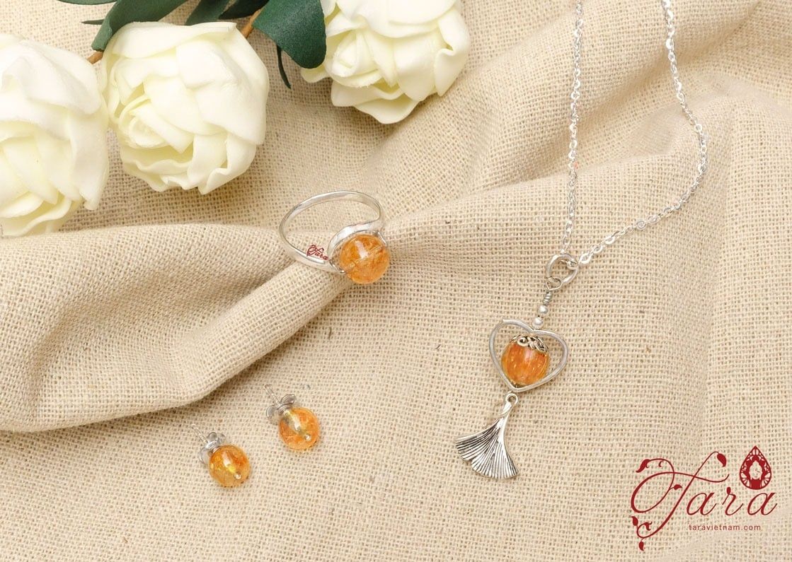 Bộ trang sức Thạch anh tóc đỏ phối Bạc 925 cao cấp