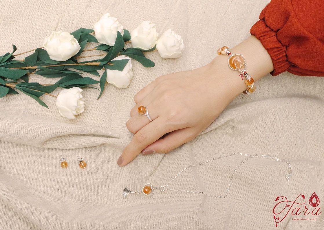 Bộ trang sức Thạch anh tóc đỏ phối Bạc 925 cao cấp