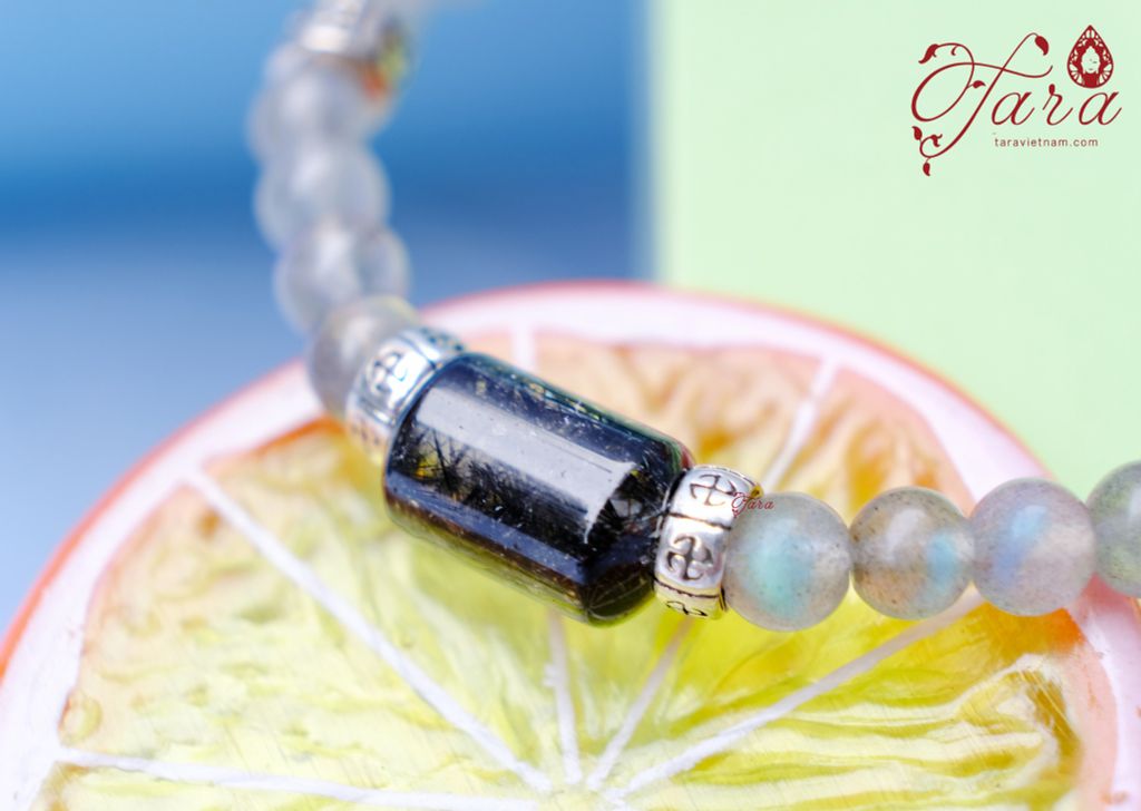  Vòng tay Lu thống Thạch anh tóc đen mix Labradorite và Charme bạc cho bé 