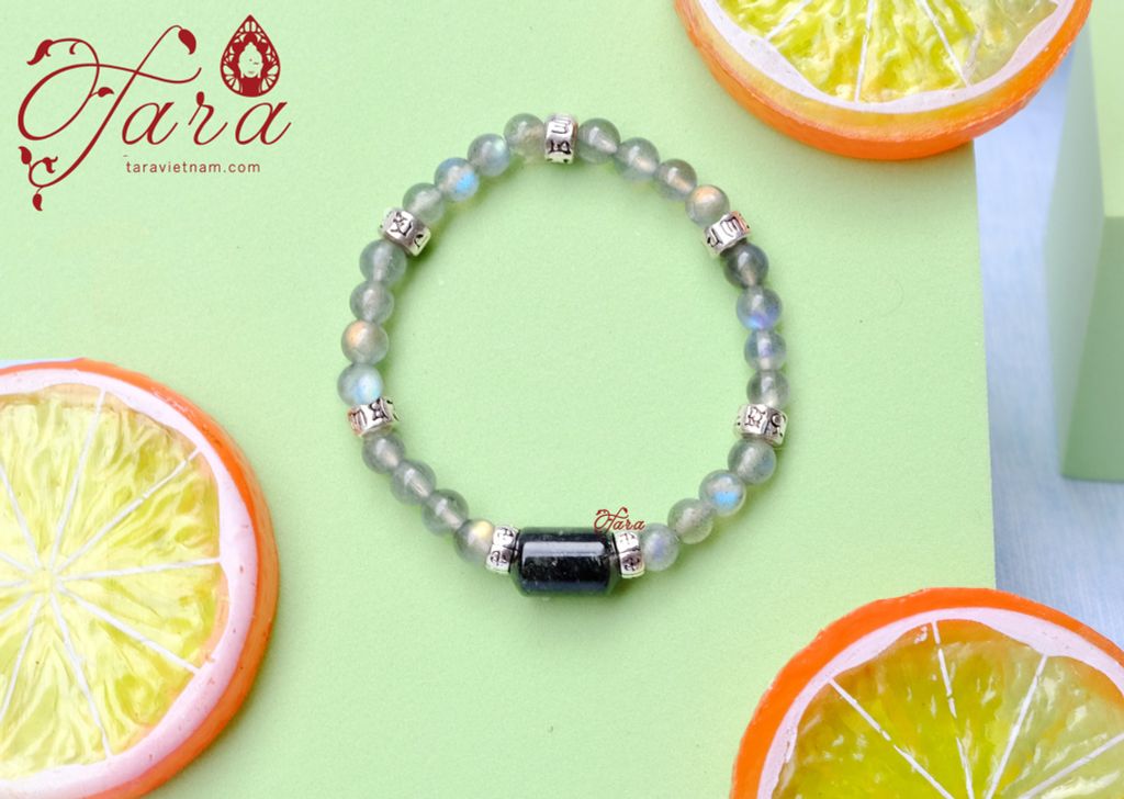  Vòng tay Lu thống Thạch anh tóc đen mix Labradorite và Charme bạc cho bé 