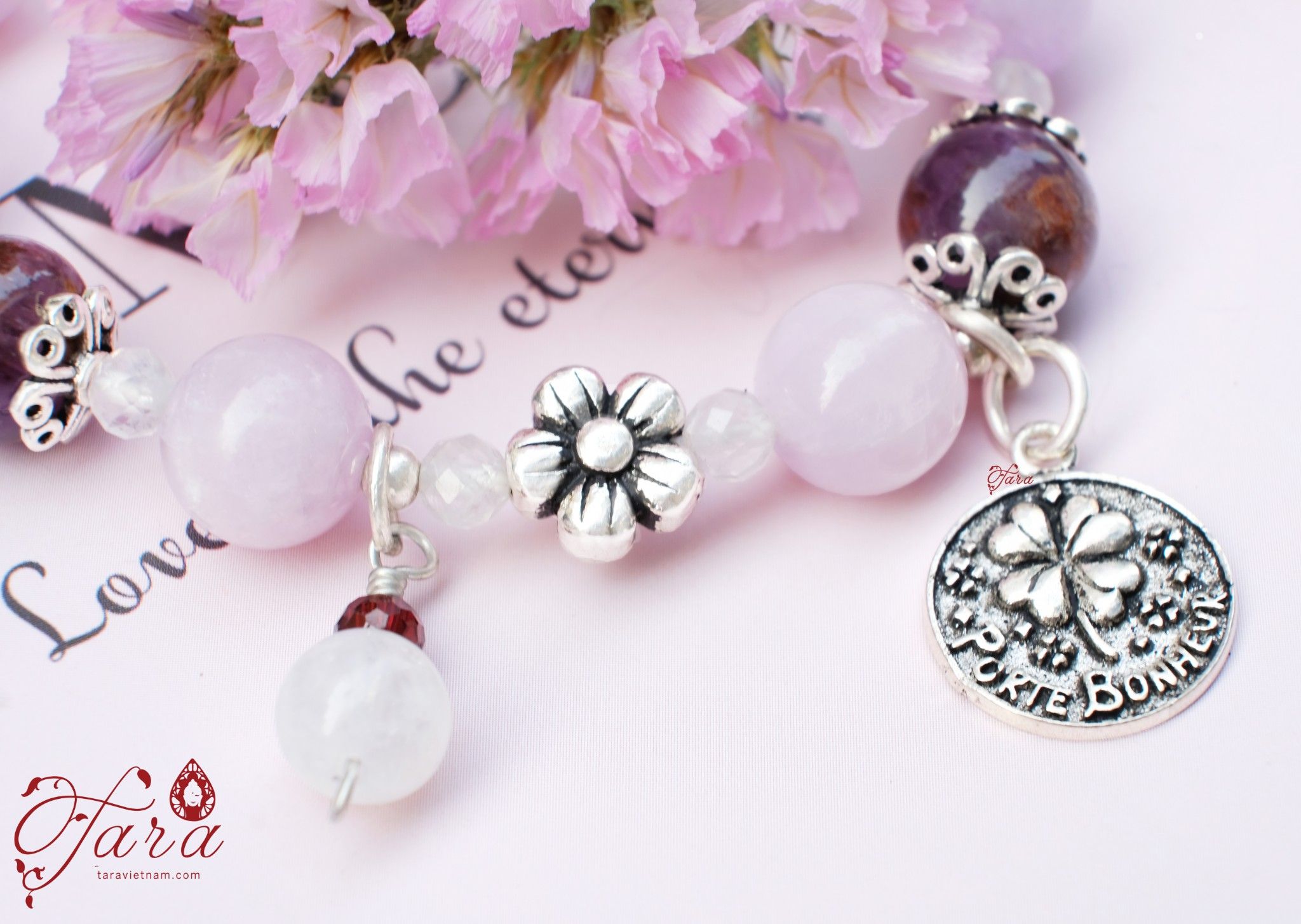 Vòng tay đá Kunzite mix Charoite và Bạc 925 cao cấp