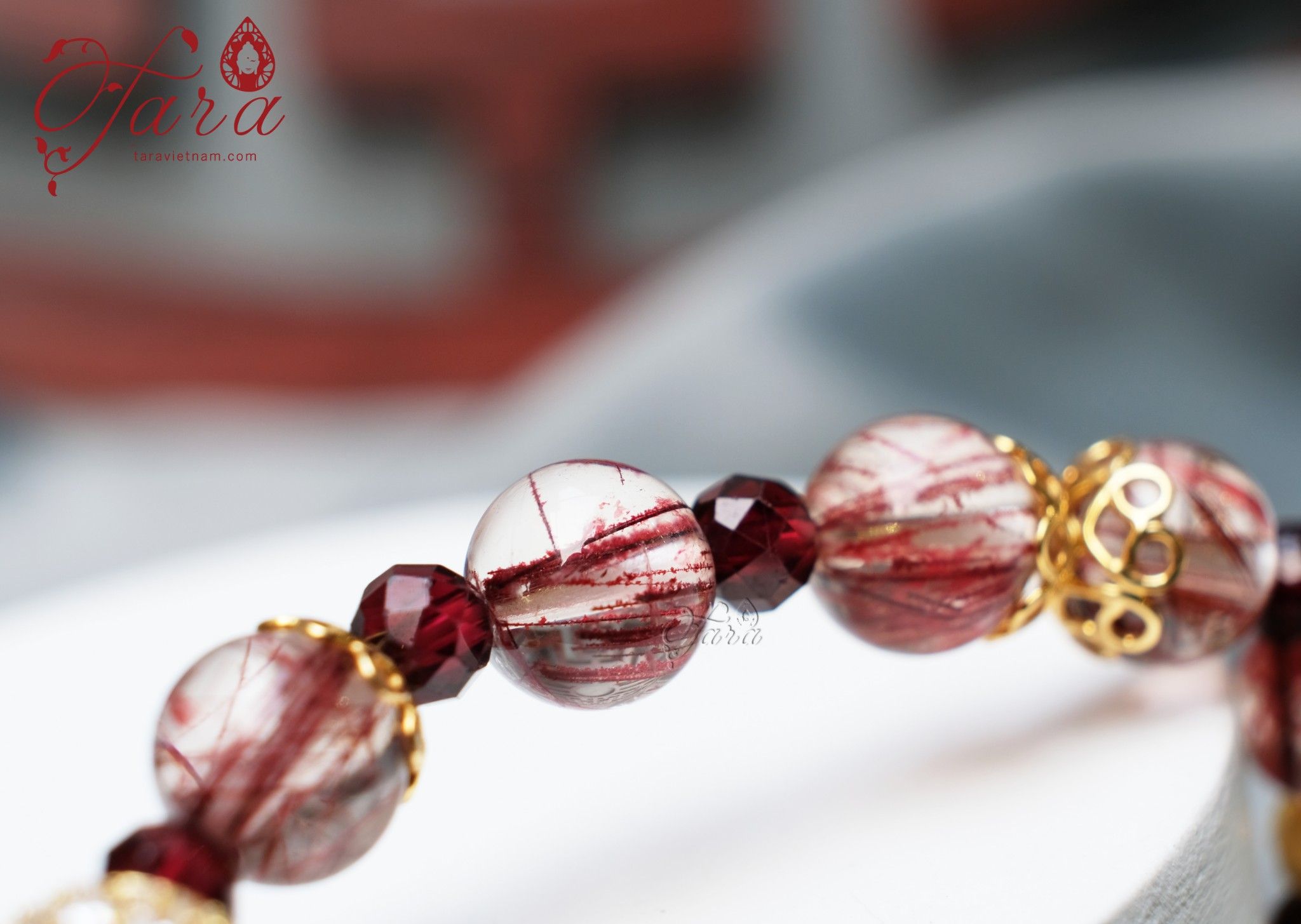  Charm vàng 24k tài lộc mix Thạch anh tóc đỏ và Garnet 