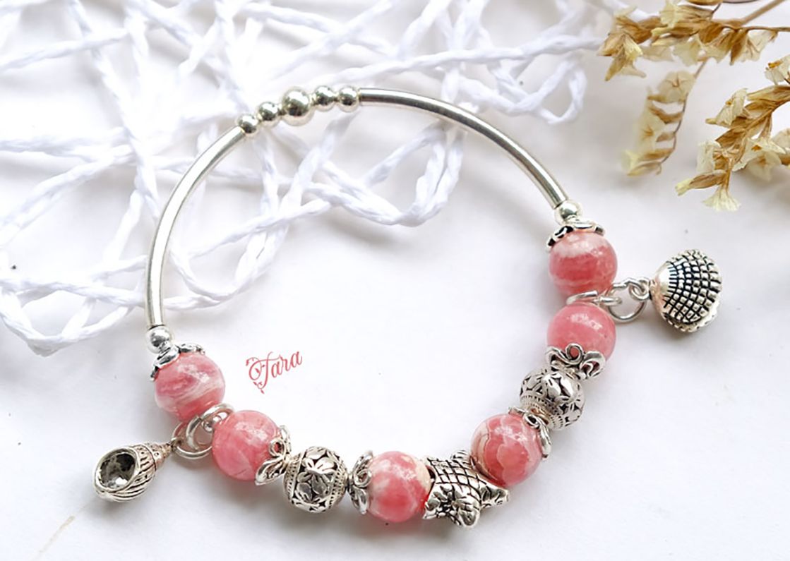 Kiềng tay Đá Đào Hoa mix Charm bạc 925