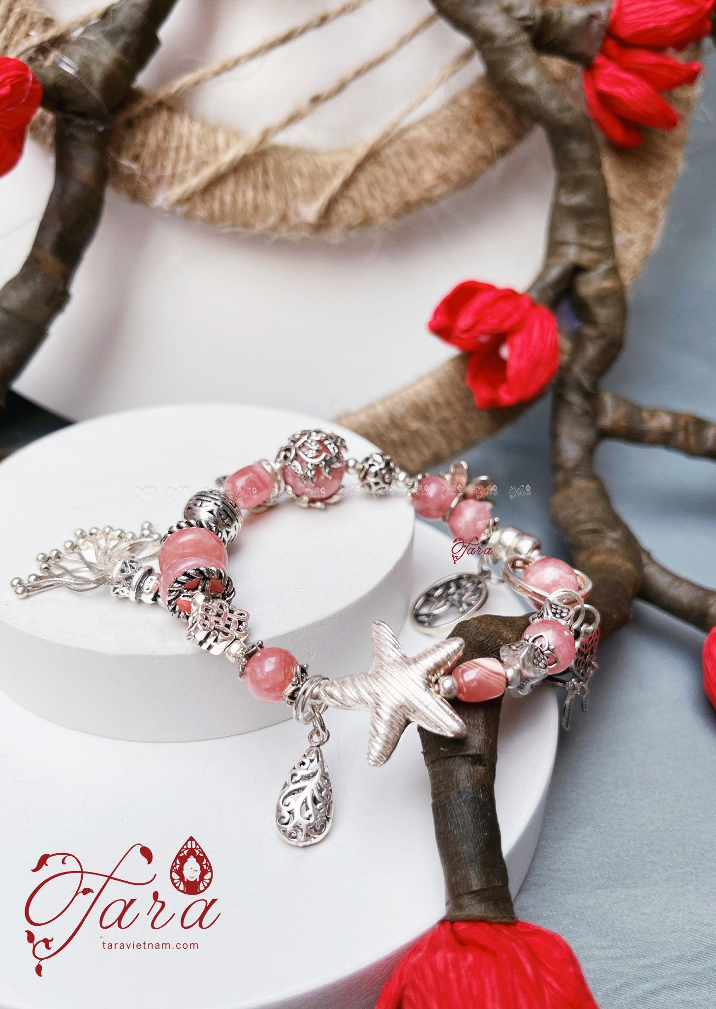 A001 - Vòng tay Đá Đào Hoa ngọt ngào mix Charm Bạc cao cấp