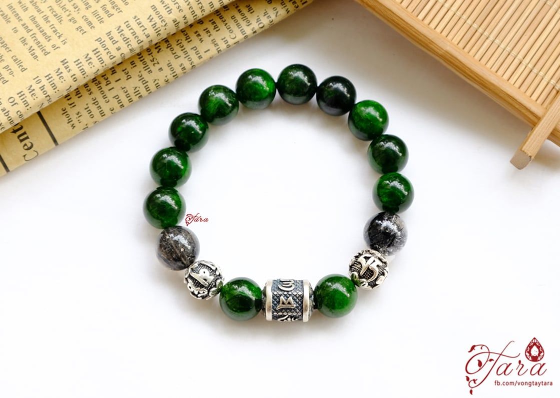 Vòng Nam Diopsite mix Charm Bạc Lục Tự Minh Chú