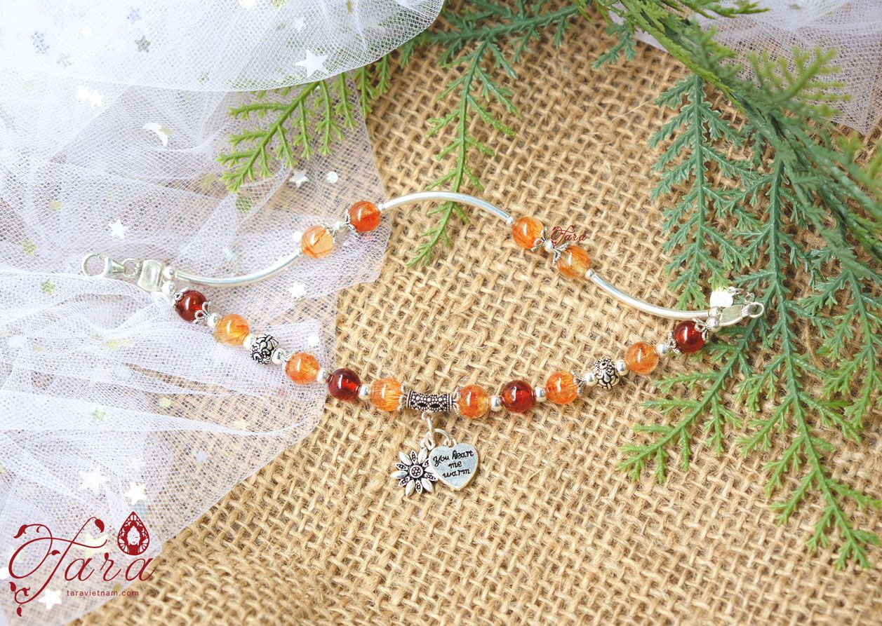 Vòng tay đôi đá Thạch anh tóc đỏ mix Garnet và Charm bạc cao cấp