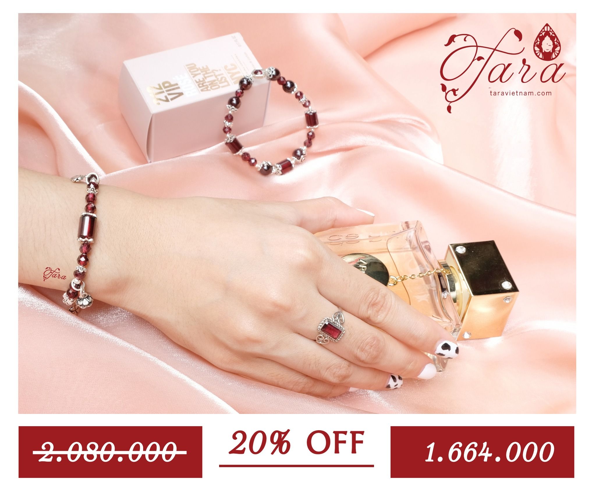 A-SALE - Vòng ngọc Hồng Lựu mix charm bạc