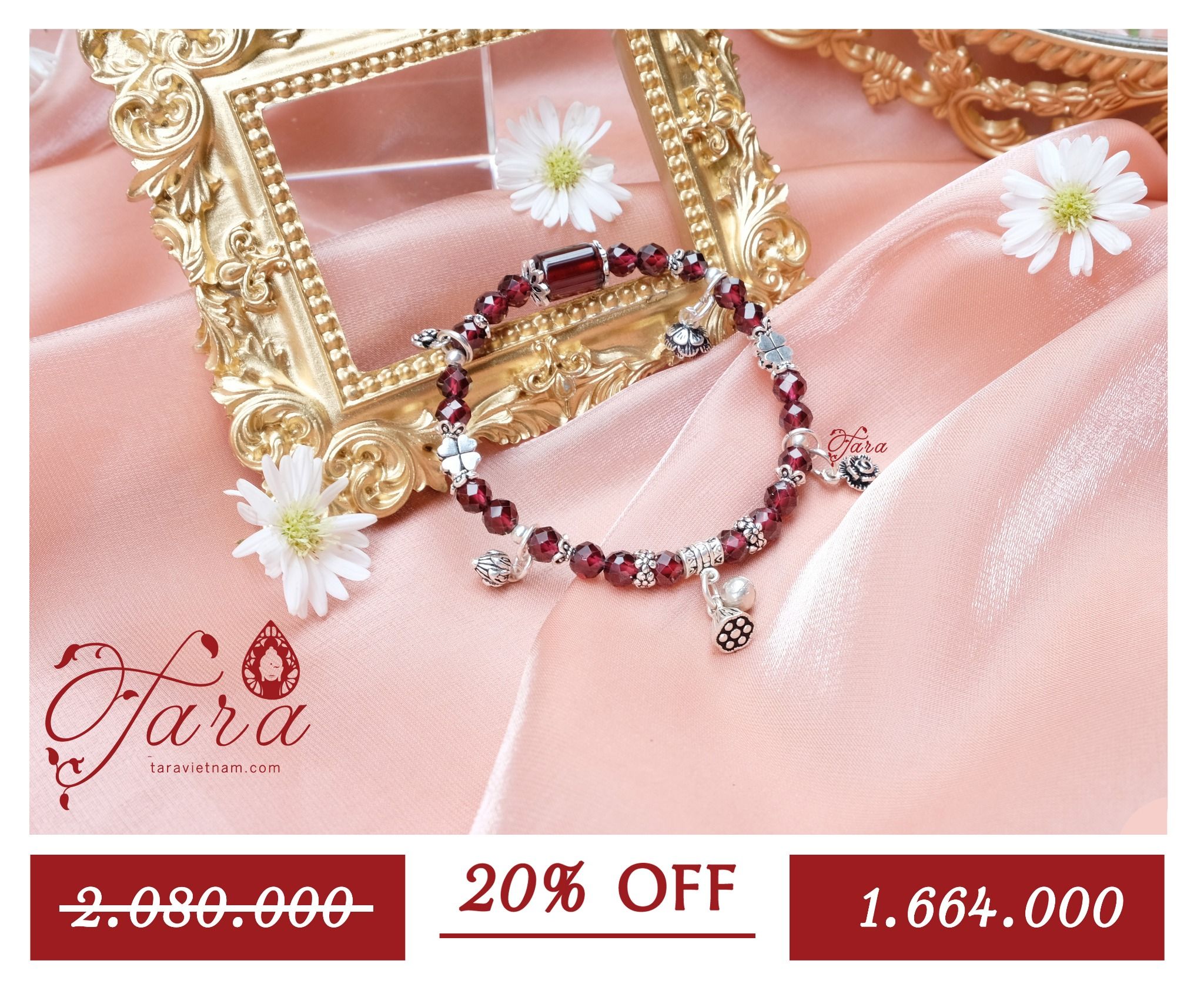 A-SALE - Vòng ngọc Hồng Lựu mix charm bạc