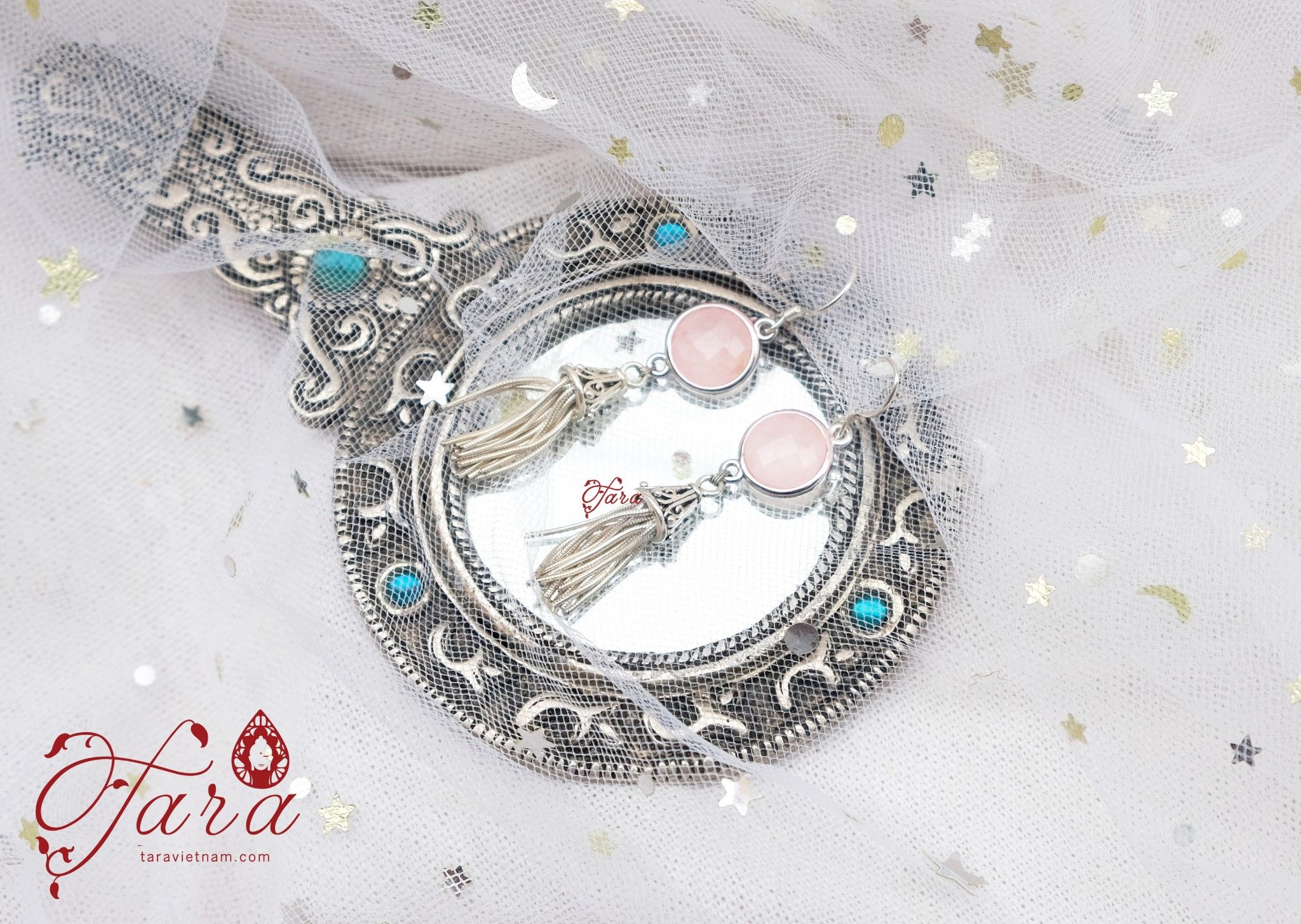 Bông tai đá Thạch anh Hồng mix Charm tua rua Bạc 925