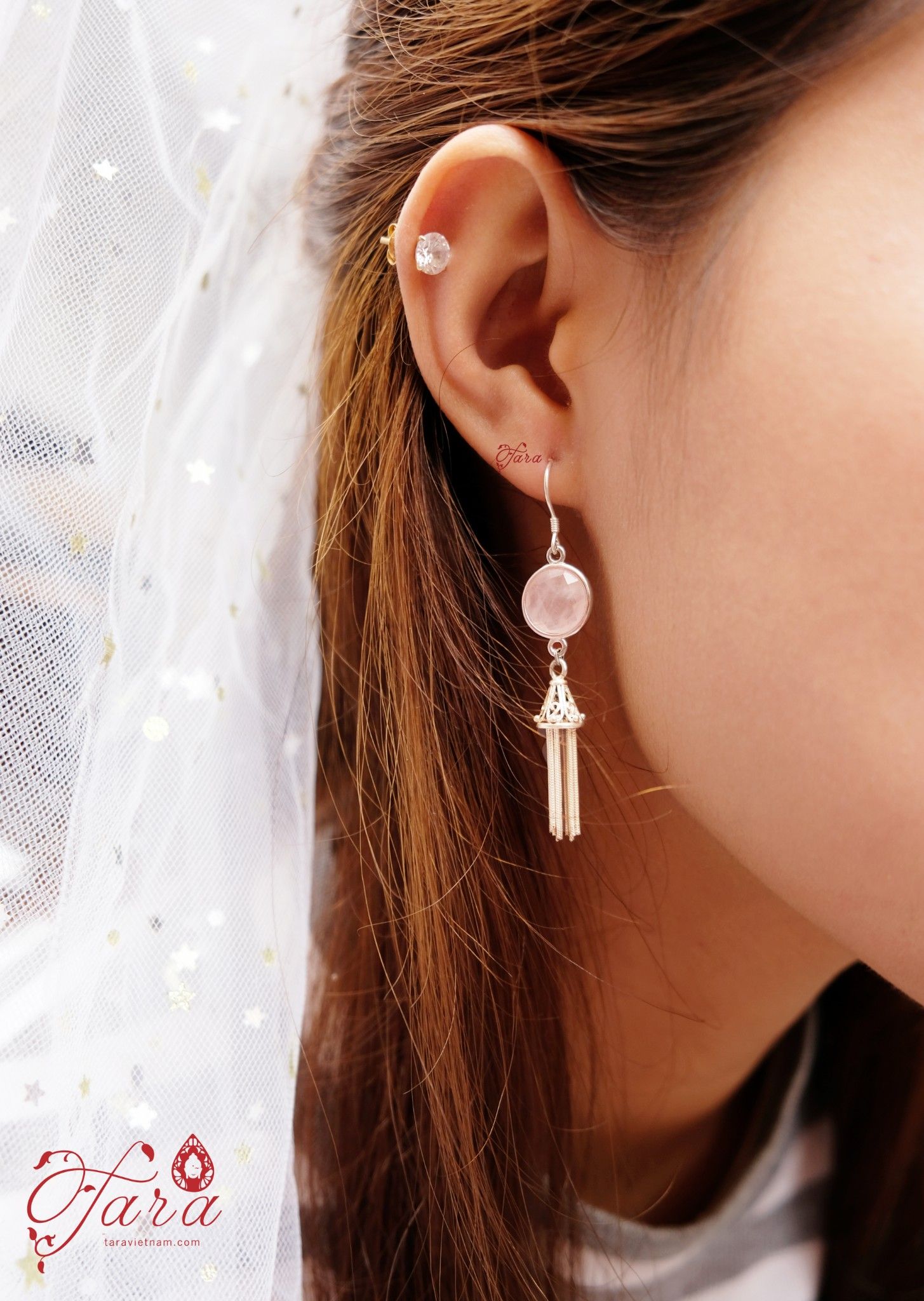 Bông tai đá Thạch anh Hồng mix Charm tua rua Bạc 925
