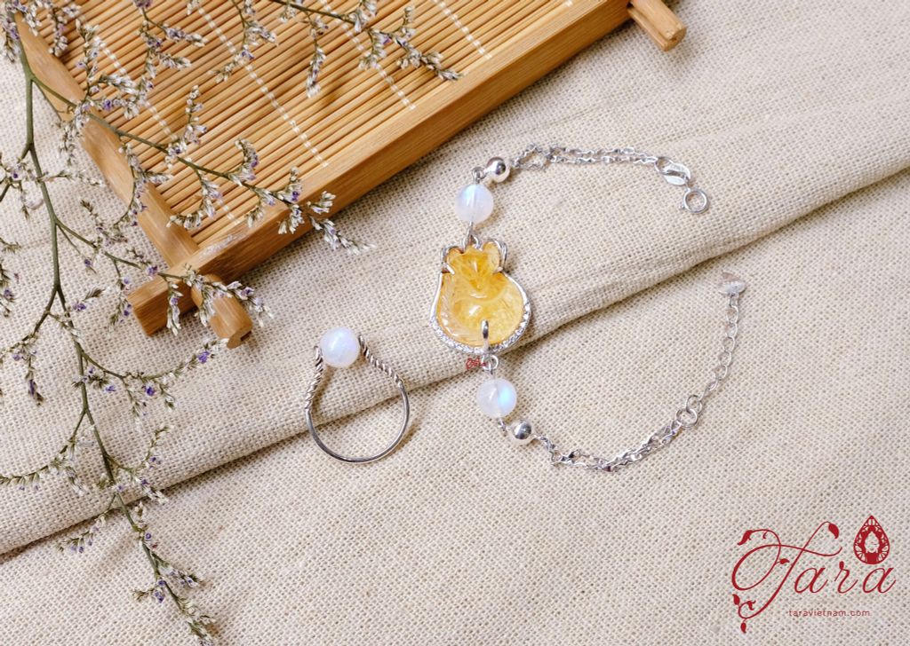  Lắc tay bạc Hồ ly Thạch anh Tóc Vàng mix Moonstone 