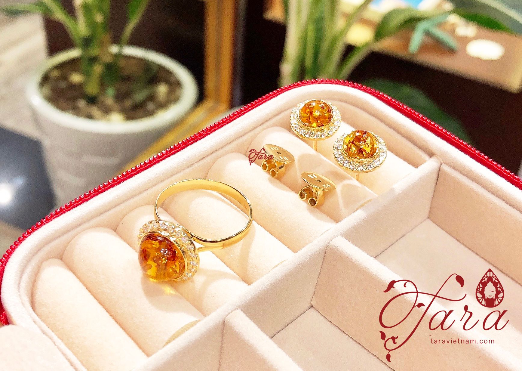 Bông tai Hổ Phách bọc Vàng 750 tinh xảo