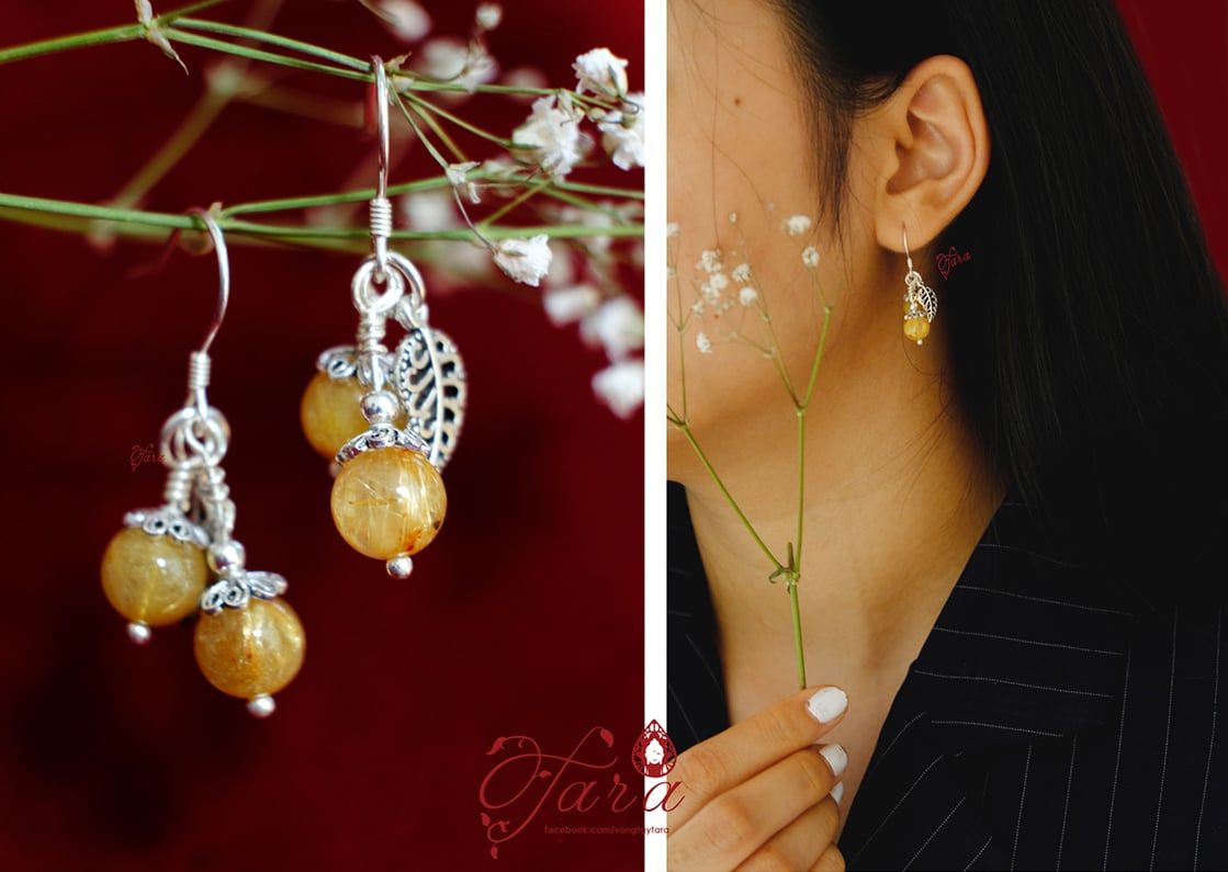 Bông tai Thạch Anh Tóc Vàng mix Charm lá bạc 925