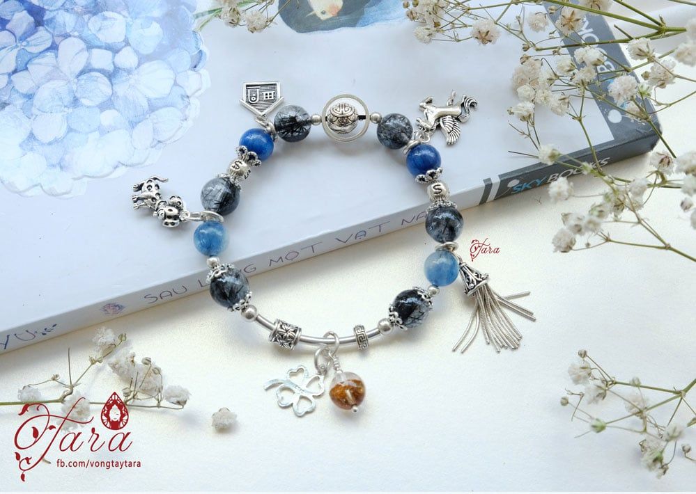 Lắc Bạc Kyanite mix Thạch anh tóc đen