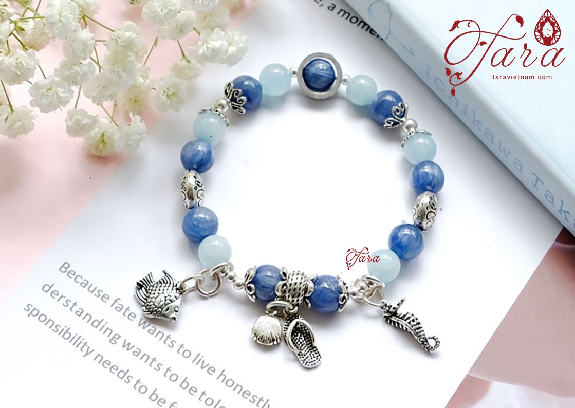  Aquamarine mix Kyanite và Charm Bạc Thái- vòng tay cao cấp, thời trang 