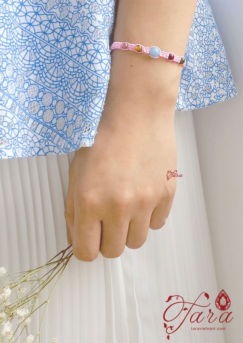 Vòng đá Tourmaline và Aquamarine thắt dây vải Thời Trang