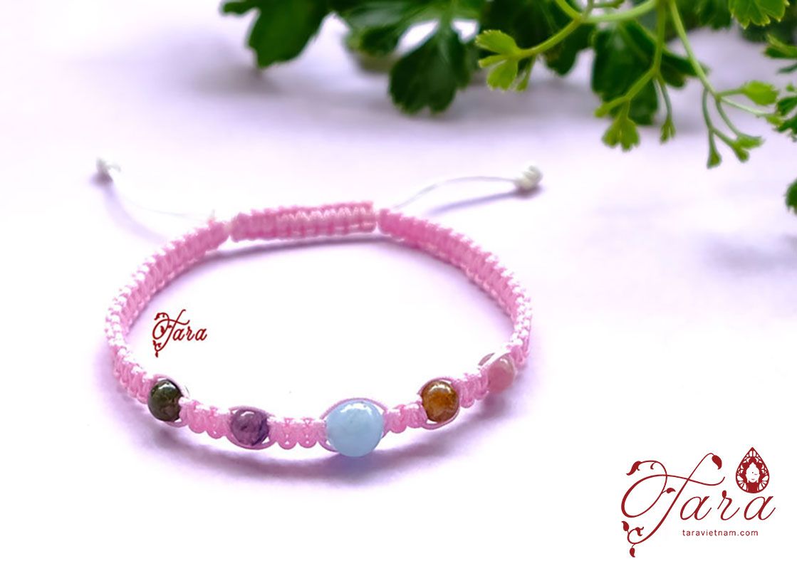 Vòng đá Tourmaline và Aquamarine thắt dây vải Thời Trang