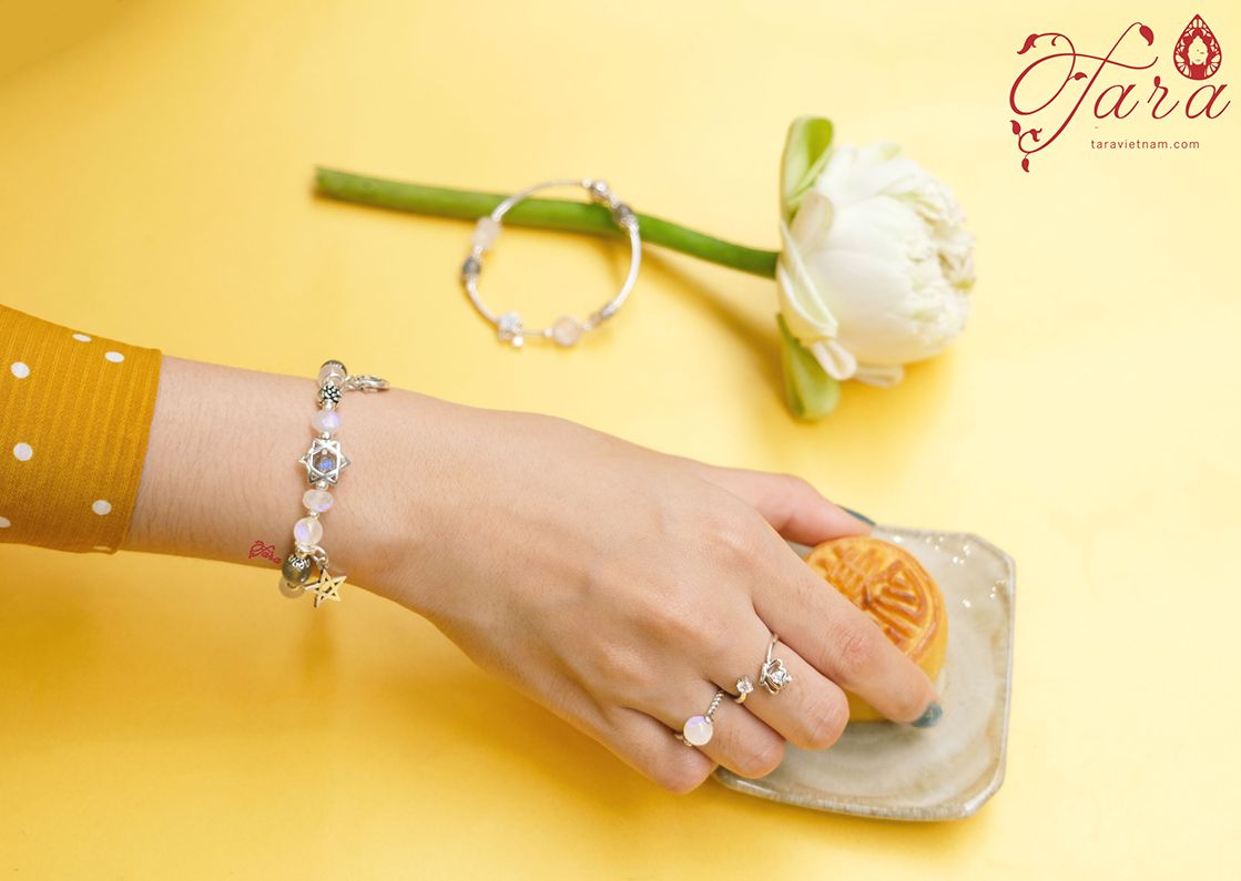 Set vòng tay đá Moonstone mix Labradorite và Charm Bạc Thái 925