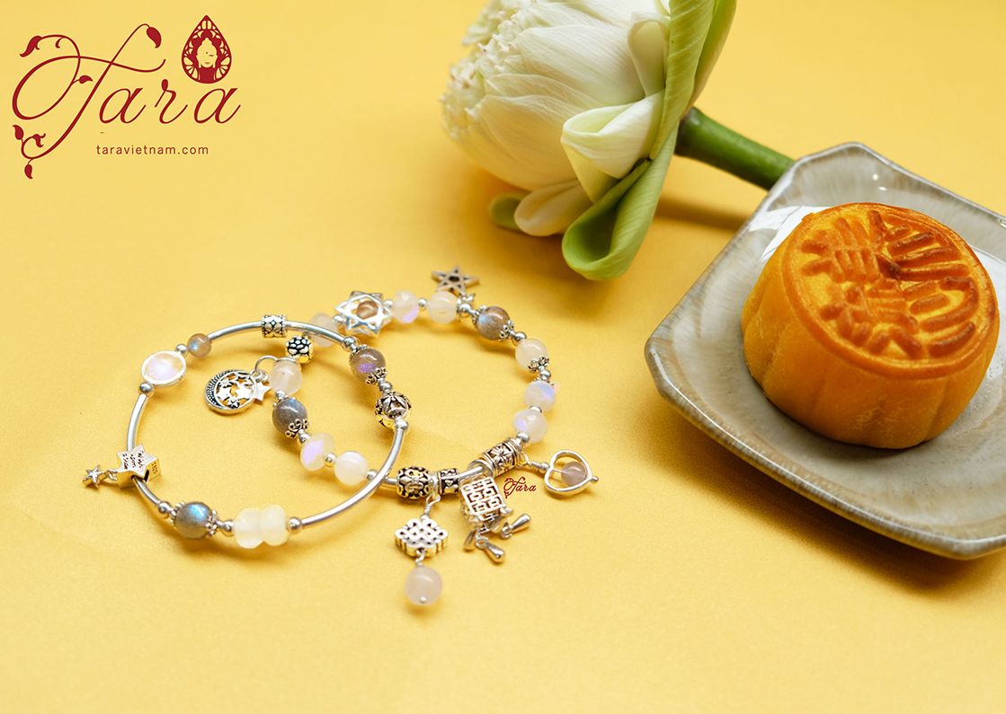Set vòng tay đá Moonstone mix Labradorite và Charm Bạc Thái 925