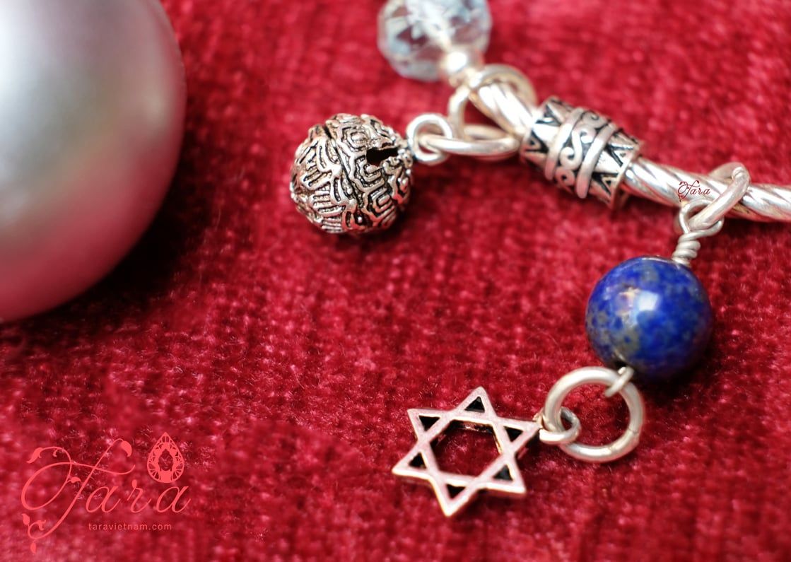 Kiềng tay Bạc đá Lapis Lazuli mix Topaz và Charm Bạc Thái 925 độc, lạ- BỘ SƯU TẬP NOEL