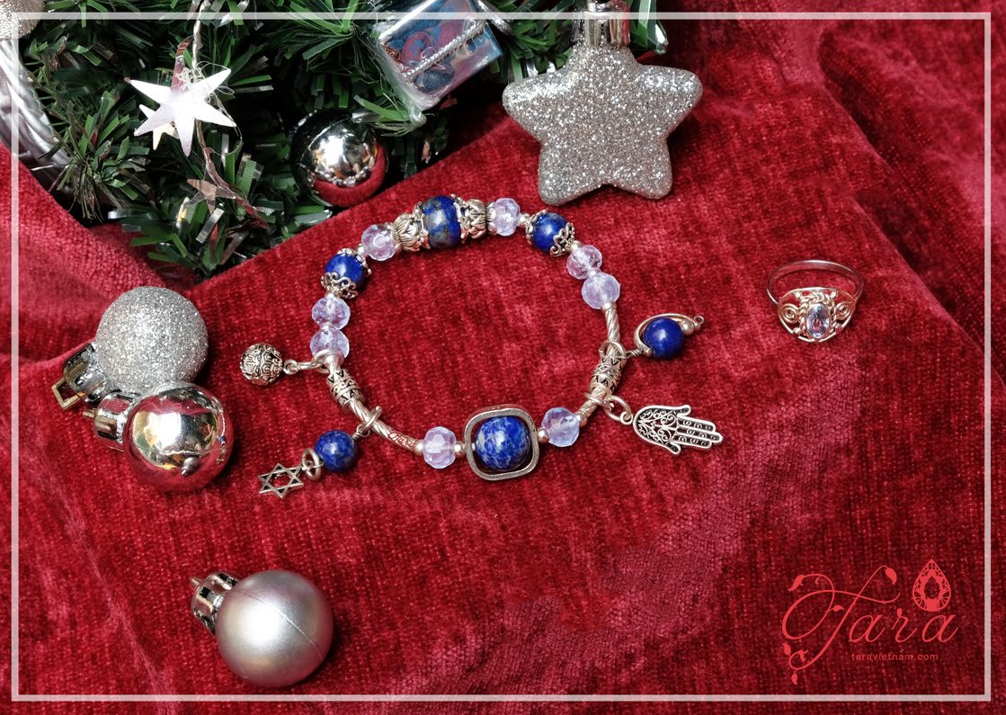 Kiềng tay Bạc đá Lapis Lazuli mix Topaz và Charm Bạc Thái 925 độc, lạ- BỘ SƯU TẬP NOEL