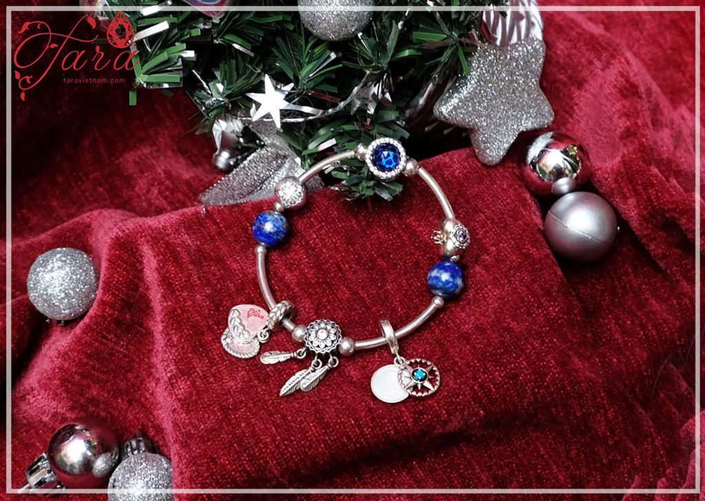  Kiềng tay đá Lapis Lazuli và Charm Bạc Pandora cao cấp- BỘ SƯU TẬP NOEL 