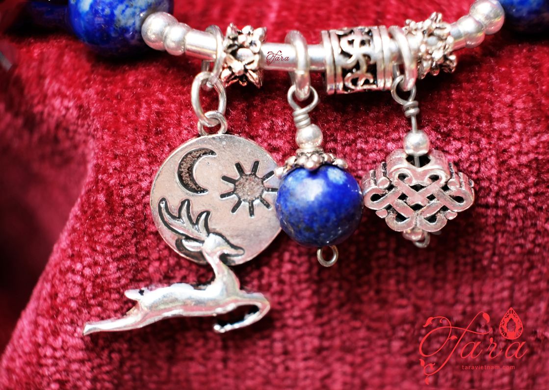 Vòng tay Lapis Lazuli mix Bi hoạ tiết và Charm Bạc cao cấp