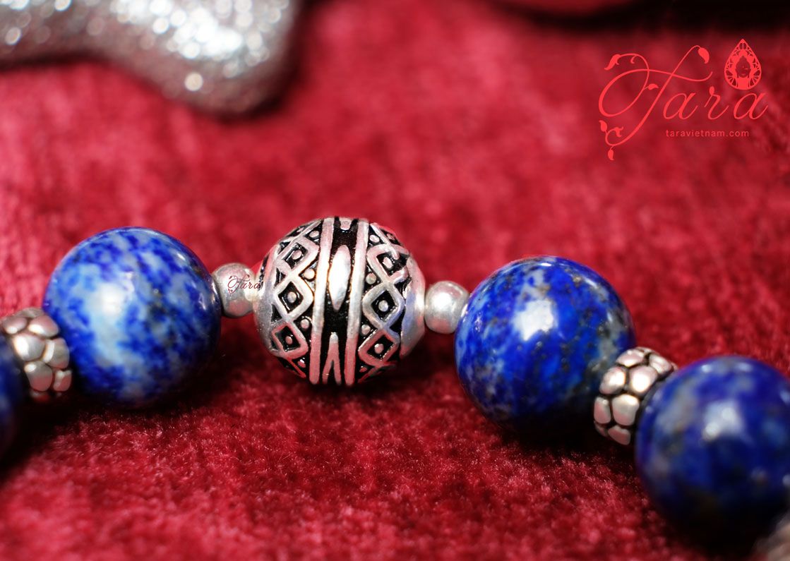 Vòng tay Lapis Lazuli mix Bi hoạ tiết và Charm Bạc cao cấp