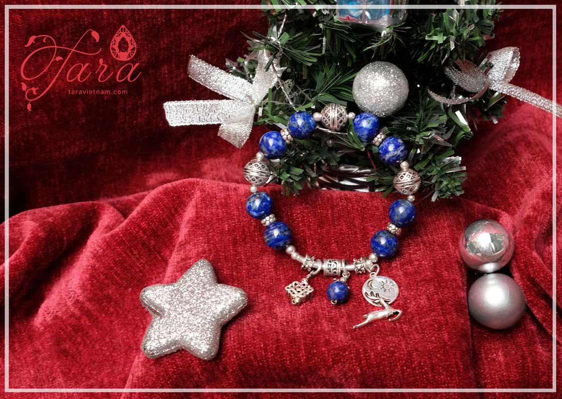 Vòng tay Lapis Lazuli mix Bi hoạ tiết và Charm Bạc cao cấp