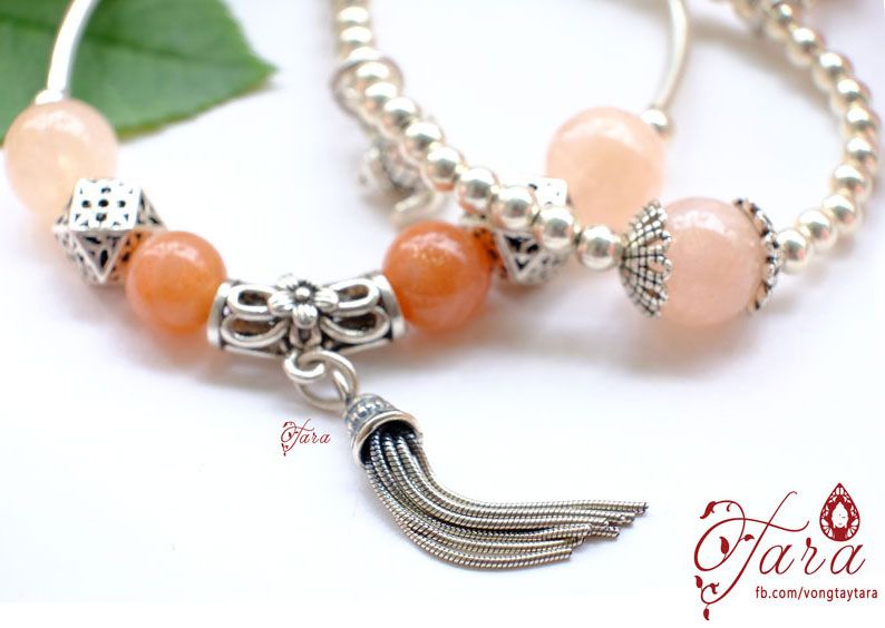 Vòng tay đôi đá Sunstone mix Beryl và charm bạc