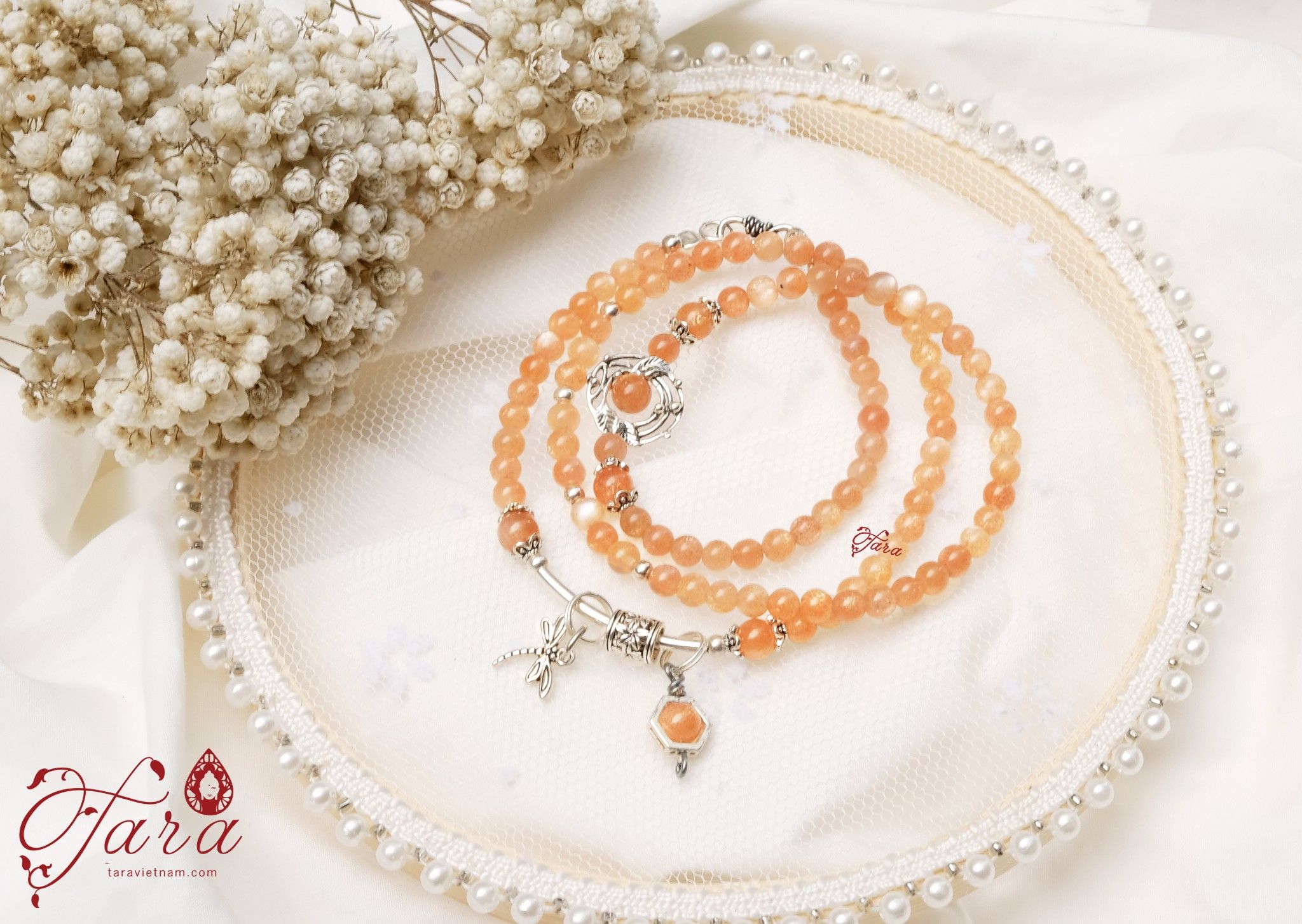Chuỗi Sunstone ba vòng mix Charm Bạc xinh xắn