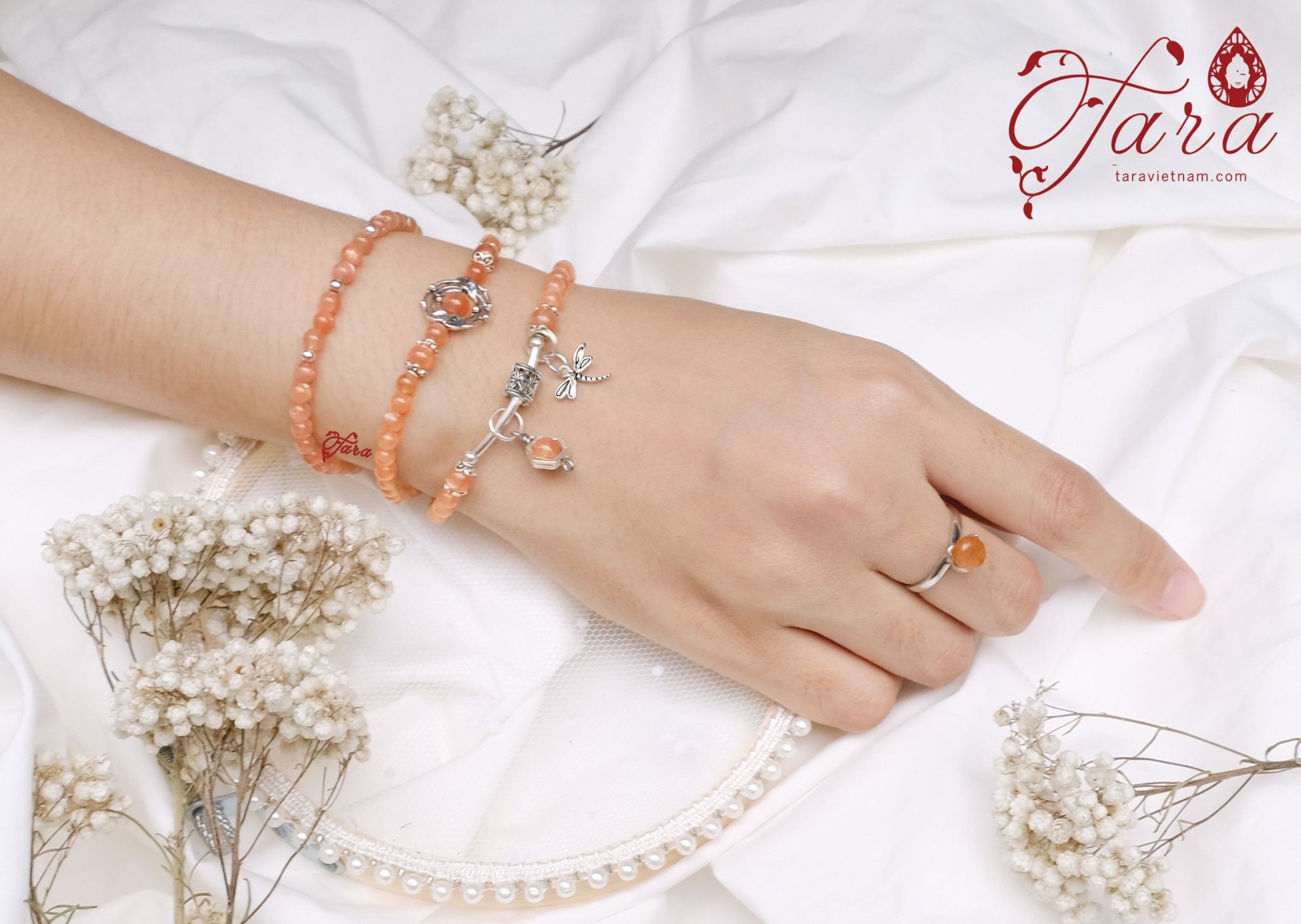 Chuỗi Sunstone ba vòng mix Charm Bạc xinh xắn