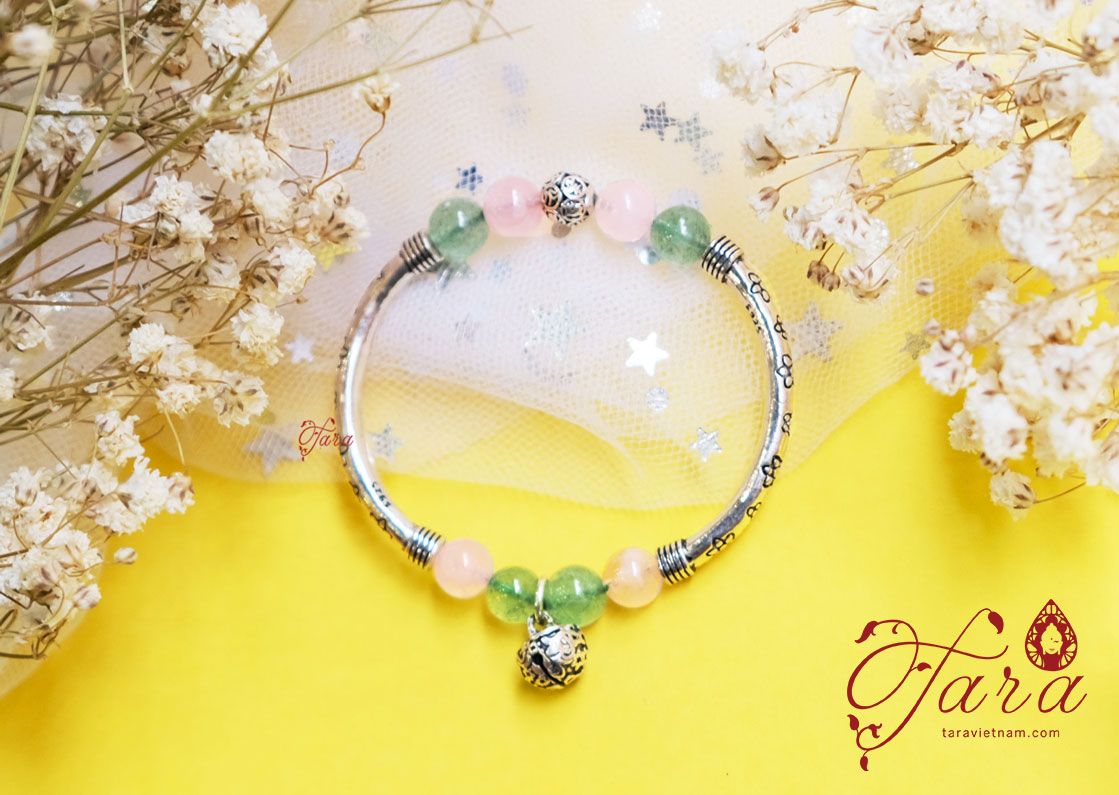 Vòng em bé Thạch anh dâu xanh và Thạch anh hồng mix Bạc Thái cao cấp