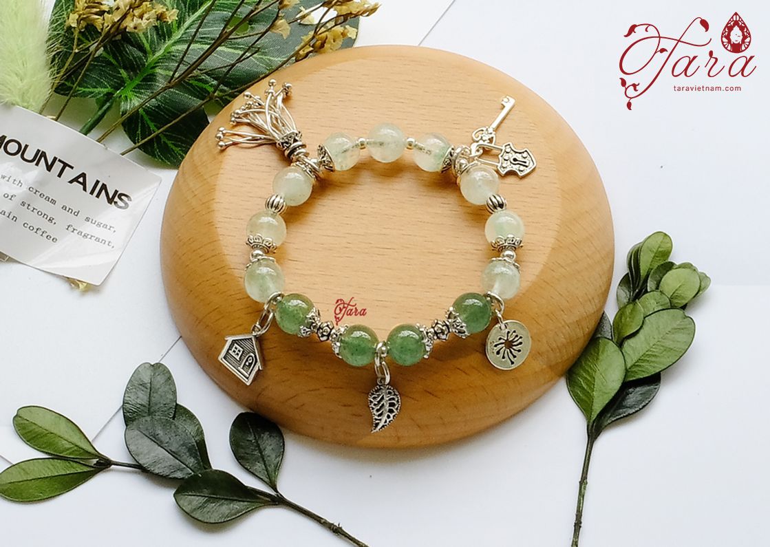 Vòng tay Ưu Linh Xanh và Thạch Anh Dâu Xanh mix Charm Bạc Thái 925