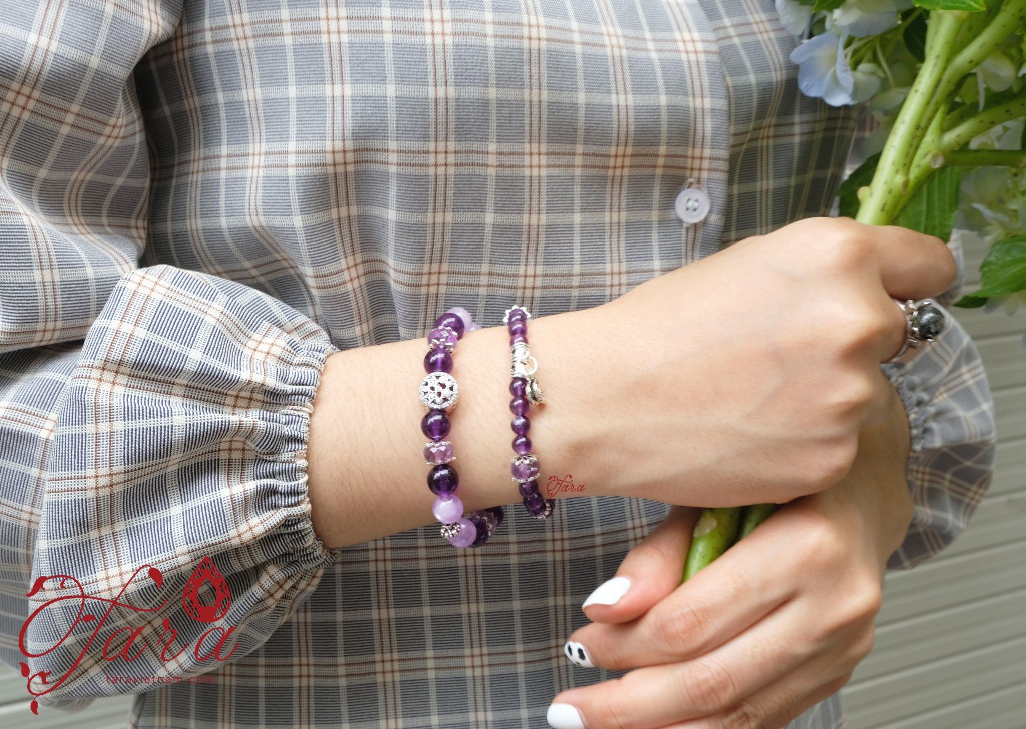Vòng Thạch Anh Tím mix Charm bạc Pandora xinh xắn
