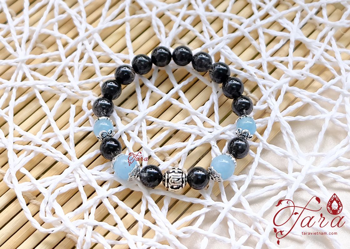 Vòng tay Thạch Anh Tóc Đen mix Aquamarine và Charm Bạc 925