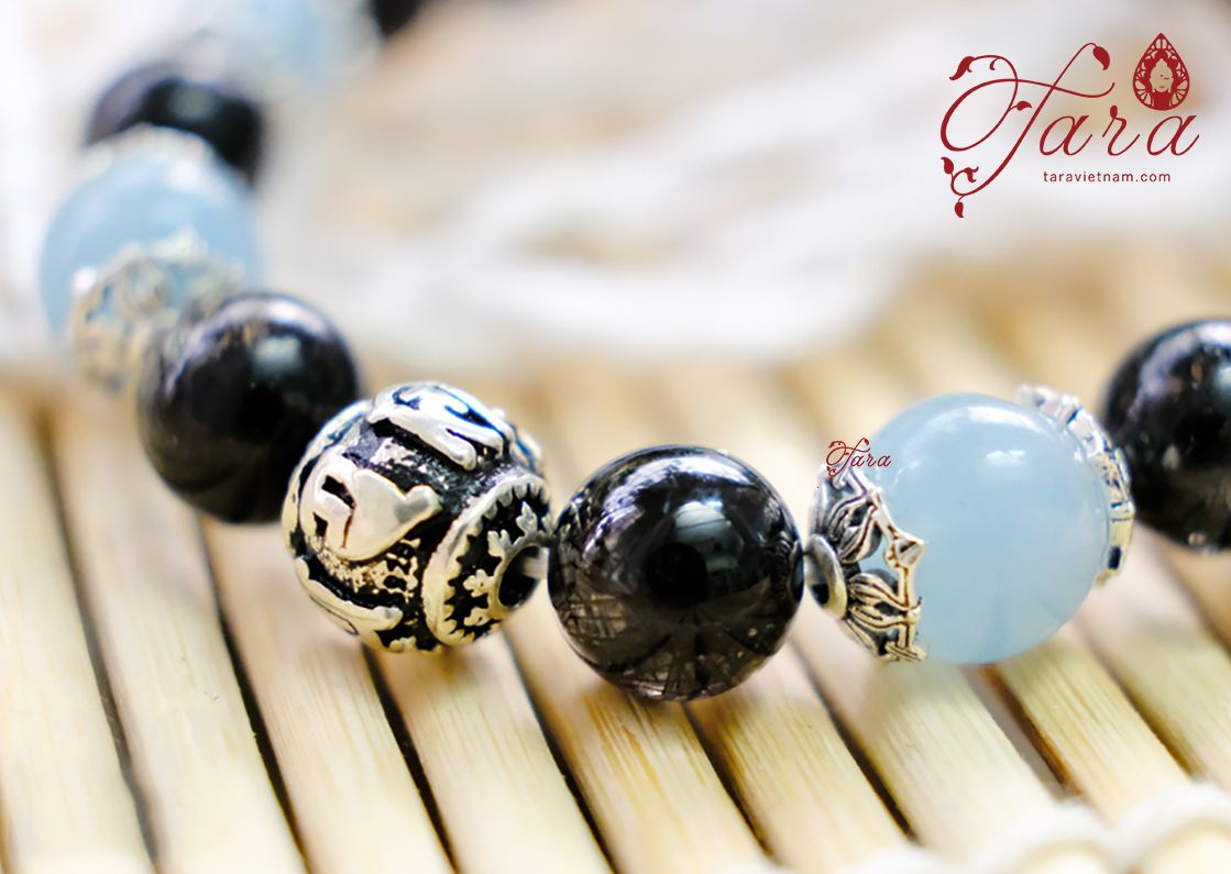 Vòng tay Thạch Anh Tóc Đen mix Aquamarine và Charm Bạc 925